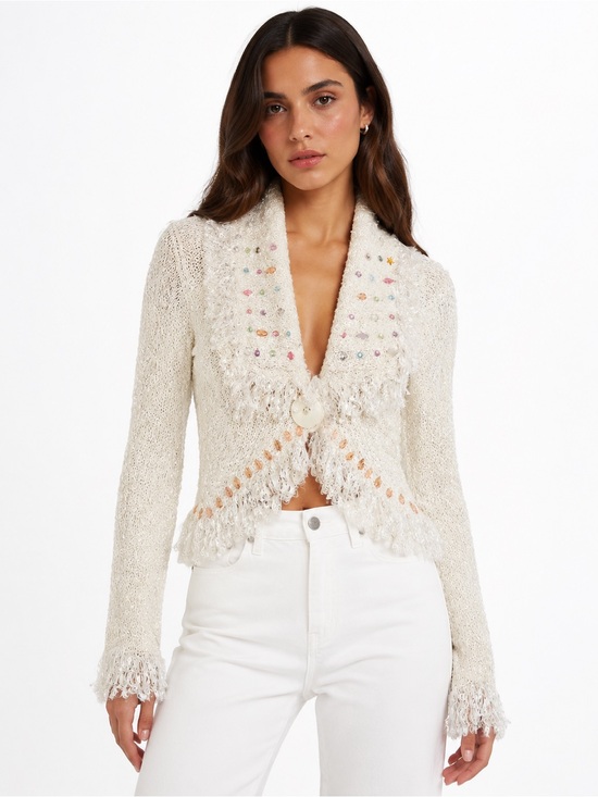 Handmade Sweaters - Vintage Beaded Fringe Knit Cardigan Sweater in Cream
